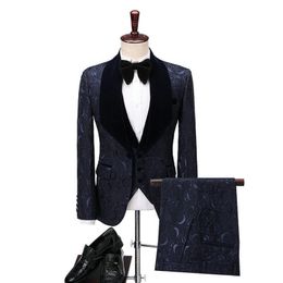 Men Suit One Button Navy Blue Jacquard Suit With Pants Groom Tuxedo Velvet Shawl Collar Wedding Suit Custom Made 3 Pieces 201105