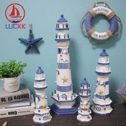 LUCKK Mediterranean Style Stripe Lighthouse Wooden Model Handicraft Home Decorations Creative Marine Arts And Crafts Ornaments T200710