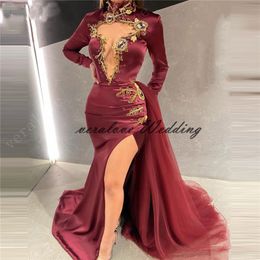 Sexy Split Evening Dress Mermaid High Neck Satin Prom Gowns Long Sleeves Women Celebrity Party Gowns