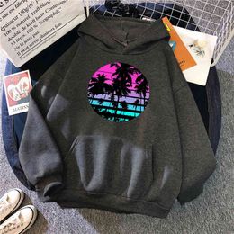 Retro Beach Print Sweatshirts Man Oversize Fleece Pocket Hooded Pullover Male Comfortable Fashion Hip Hop Oversize Mens Hoodies H1227