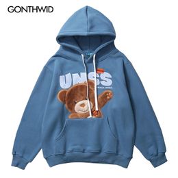 GONTHWID Creative Embroidery Hello Bear Hoodies Streetwear Hip Hop Casual Pullover Hooded Sweatshirts Mens Harajuku Tops 201113