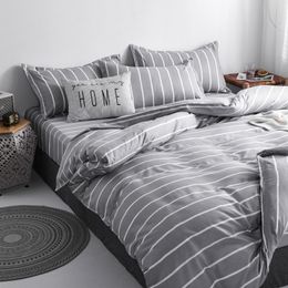 Grey Stripes Nordic Double Twin Bedspread Duvet Cover Home Decor Bed Linen Bedclothes Adult Bedding 4PCS Set C0223