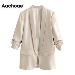 Aachoae Women Office Wear Blazer Coat 2020 Notched Collar Casual Pockets Suit Blazers Solid Pleated Sleeve Chic Outwear Tops LJ200911