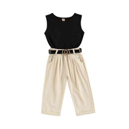 3Pcs Cool Baby Girls Clothing Summer Outfits Kids Round Neck Sleeveless Tank Tops Casual Pants with Pockets Waist Belt 1-6 Years G220217