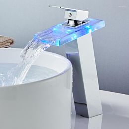 Bathroom Sink Faucets Modern High Waterfall Faucet LED Basin Tap Brass Temperature Colours Change Mixer Tap1