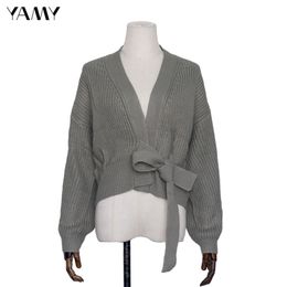 Top quality Womens green Sweater long sleeve Female Winter Cardigan with sashes chic Streetwear Womens za Knit Top Sweater 201023
