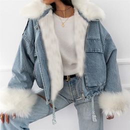 Denim Jacket Casual Women Long Sleeve Short Coats Fur Collar Outerwear Loose Ins Style Streetwear Overcoat Denim Coats 201112