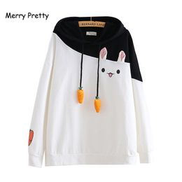 Merry Pretty Women Hoodies Animal Lovely Pullover Kawaii Rabbit Sweatshirt Cute Bunny Graphic Outerwear Pink Black Hoodie Girls 201109