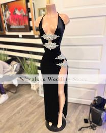 Sexy Black Dress for African V Neck Slit Beads Crystal Prom Dresses Mermaid Red Carpet Evening Party Gowns