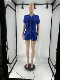 New Wholesale Summer Tracksuits Women Sequins Outfits Short Sleeve Zipper Jacket Shorts Two Piece Set Fashion Matching Set Sexy Night Club Wear Bulk 7062