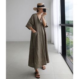 Ethnic Clothing Women Linen V-neck Loose Dresses Korean Vintage Solid Colour Pocket Design Maxi Robe Kimono VKDR21471