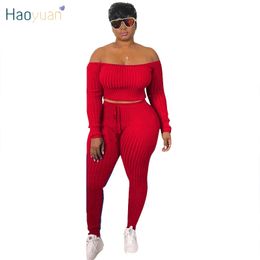 HAOYUAN Sexy Plus Size Two Piece Set Jumpsuit Off Shoulder Crop Top+lace Up Pants Tracksuit Fall Fashion Streetwear Matching Set 201007