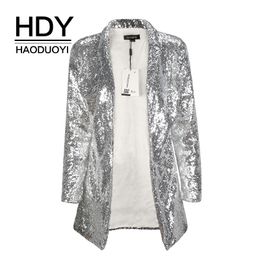 HDY Haoduoyi Autumn Fashion Women Silver Sequined Coats Turn-down Collar Long Sleeve Outwears Cardigan Jackets T200111