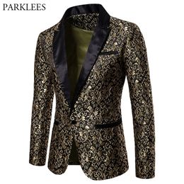 Gold Jacquard Bronzing Floral Blazer Men Brand New Mens Patchwork One Button Blazer Jacket Party Stage Singer Costume Homme LJ201103