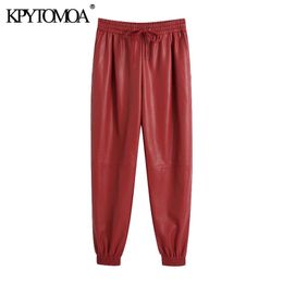 KPYTOMOA Women Fashion Faux Leather Jogging Pants Vintage High Elastic Waist Drawstring Female Ankle Trousers Mujer 201113