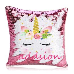 cartoon candles UK - PERSONALISED unicorn Surprise Sequin Cushion Cover Magic Doll Reveal Christmas Custom Name Reversible Sequin Pillows Gift 201006