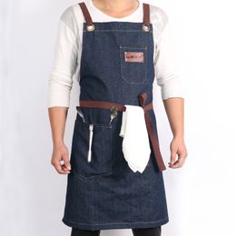 WEEYI Denim Kitchen Cooking Apron with Adjustable Cotton Strap Large Pockets Blue 34x27 Inches Barista Men and Women Homewear Y200103