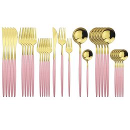 30Pcs Pink Gold Cutlery 304 Stainless Steel Dinnerware Knife Dessert Fork Spoon Flatware Kitchen Party Tableware Set 201019