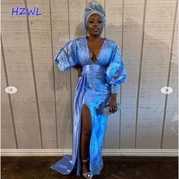 Royal Blue Deep V Neck Prom Dresses 2021 Aso Ebi African Plus Size Evening Gowns With Split Lace Long Sleeves Robe De Soiree