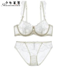 Shaonvmeiwu Thin transparent sexy lace bra suit large size perspective temptation underwear bra thin section no sponge LJ201031