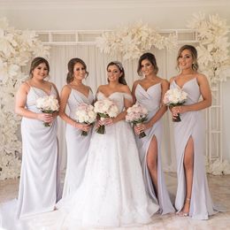 Elegant Plus Size Sheath Bridesmaid Dresses V Neck Front Side Split Spaghetti Long Maid of Honor Gown Floor Length Wedding Guest Dress