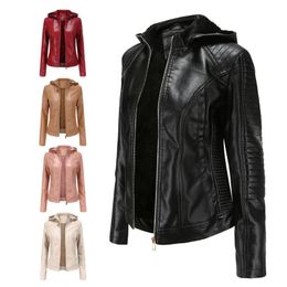 Jackets femininos femininos Faux Leather Jacket Motorcycle Cash Casat Autumn e Winter Short Outwear para motociclista com encapuzado