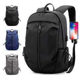 Backpack Men Nylon Waterproof USB Travel Bag Simple Pure Colour Backbag Leisure Light Fitness Male Sports Black Grey 202211