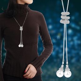 Tassel Pendant Necklace Rhinestone Crystal Pearl Long Chain Necklace New Fashion Women Metal Long Sweater Party Necklaces Jewelry