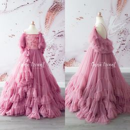 Princess Pink Ruffles Flower Girl Dresses For Wedding Appliqued Beaded Pageant Gowns With Bow Floor Length First Communion Dress