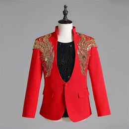 Men's Embroidery Sequins Suit Blazers Red Formal Banquet Wedding Tuxedo Bar Stage Evening Party Singer Host Performance Coat 263J