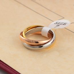 Europe America Simple Style Men Lady Women Titanium Steel Engraved Ca Initials Three Colour Circle Lovers Rings US5-US10