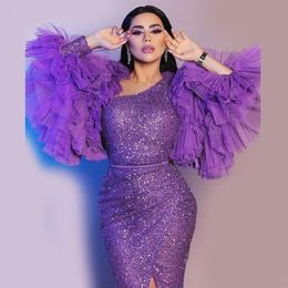 Purple Sequined Prom Dresses Puffy Long Sleeves Ruffles Front Split Mermaid Evening Dress Floor Length Celebrity Party Gowns Vestidos