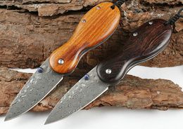 High Quality 6 Inch Damascus Pocket Folding Knife VG10 Damascus Steel Blade Rosewood handle EDC Knives With Leather Sheath