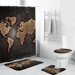 Old World Map Print Shower Curtain Vintage Bathroom Decor 4 Piece Set Soft Toilet Mat Pad 180x180 cm T200711