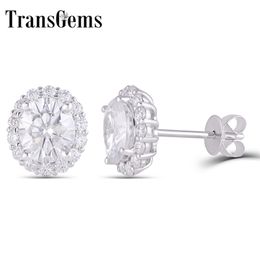 Transgems 14K 585 White Gold 2CTW 6*7mm Oval with Halo GH color Moissanite Stud Earring with Push Back for Women Fine Earrings Y200620