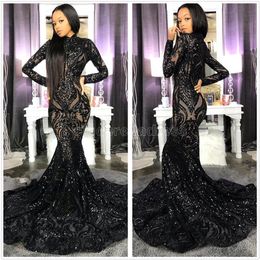 Black Sparkling Sequins Mermaid Prom Dresses 2022 High Neck Illusion Long Sleeves Sweep Train Formal Party Evening Gowns BC4122