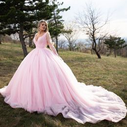 Sparkly Sequis Long Train Garden Wedding Dresses Blush Pink Ball Gown Arabic Dubai Spring Long SleeveTulle Bridal Wedding Gowns Vestidos