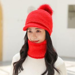 New Winter Thick Pompom Hat For Women Warm Hair Blend Knitted Baseball Cap Scarf Set Brand Visor Caps Skullies Beanies