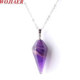 WOJIAER Necklace Natural Hexagonal Pyramid Amethyst Gem Stone Reiki Chakra Dangle Pendant Beads Jewellery Z9084