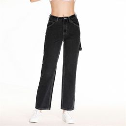 High Waist Straight Jeans Women Baagy Boyfriend Overalls Loose Wide Leg Denim Pants Washed Retro Autumn Winter Long Jean 201105