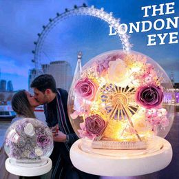 -Cadeaux pour femmes The London Eye Préservé Rose Glass Dôme Ferris Roue Éternelle Flower avec Cadeau de lumière LED Ensemble de cadeau de lumière pour la fête des mères Mariage d'anniversaire Y211229