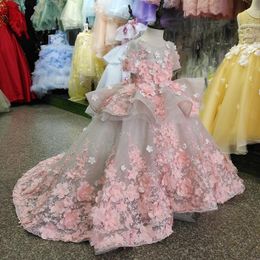 2020 Cheap New Puffy Flower Girls Dresses For Weddings Pink Lace Flowers Short Sleeves Silver Gray Birthday Girl Communion Pageant Gowns