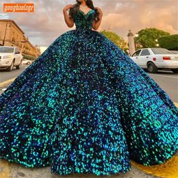 Sequined Evening Dresses Real Photos Lace Up Ball Gown Fluffy Party Women Formal Dress Long Gala Custom Made Gala De Soiree 2020 LJ201120