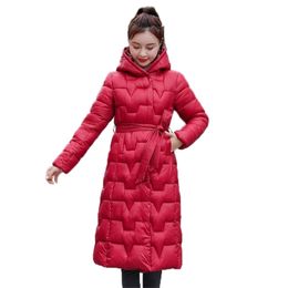 plus size women winter parkas long jacket with sashes hooded thick office ladies outwear solid warm coat femme giacca donna 201006