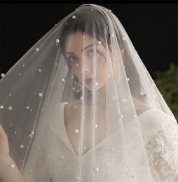 White Ivory Champagne Bridal Veil Long Two Tiers Face-Covered Blusher With Pearls Velos de Noiva Wedding Beaded Veil 3M 118In