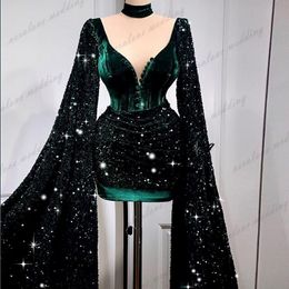 Hunter Green Short Prom Dress Long Flare Sleeves Sequins Sparkly Cocktail Party Gowns Formal Evening Gowns