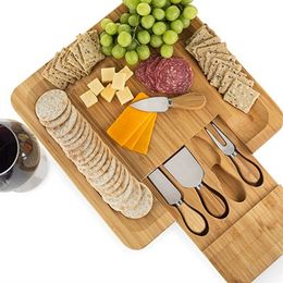 Bamboo Cheese Board Set With Cutlery In Slide-Out Drawer Including 4 Stainless Steel Knife and Serving Utensils WB3310