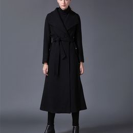 cappotto da donna invernale in lana con risvolto nero blu scuro lungo tratto che elenca grandi dimensioni 201103