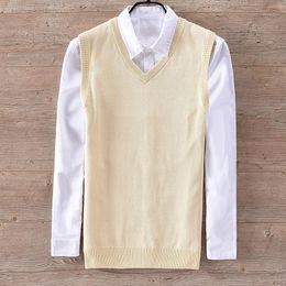 Men's Sweaters Brand Italy Style Sleeveless Cotton Sweater Men V-neck Solid Beige Male Slim Leisure Fashion Vest Mens Chandail1