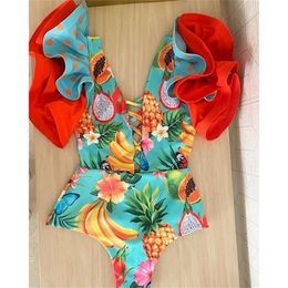 Sexy Ruffle Print Floral Swimsuit Off The Shoulder Swimwear Women Solid Deep-V Beachwear Bathing Suit Monkini 220308